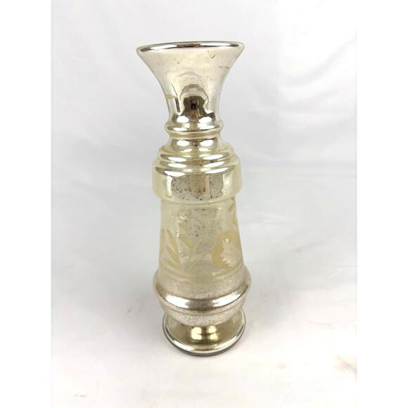 Antique Victorian Silver Hand Blown Mercury Glass Vase Floral Design 9" Tall - Picture 7 of 16